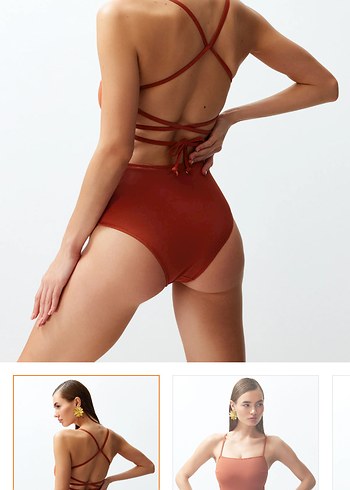 Kiremit kare yaka İnce Askılı sırt dekolteli Kadın regular  Mayo - Görsel 4