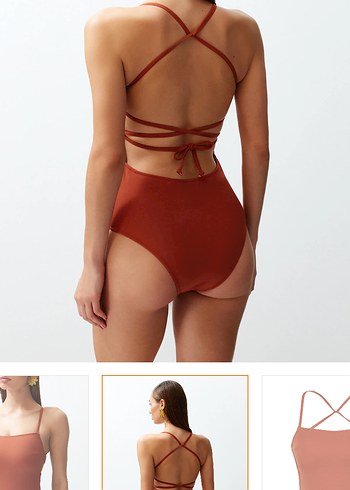 Kiremit kare yaka İnce Askılı sırt dekolteli Kadın regular  Mayo - Görsel 5