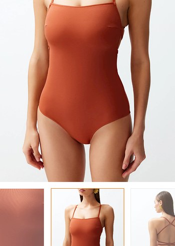 Kiremit kare yaka İnce Askılı sırt dekolteli Kadın regular  Mayo - Görsel 2