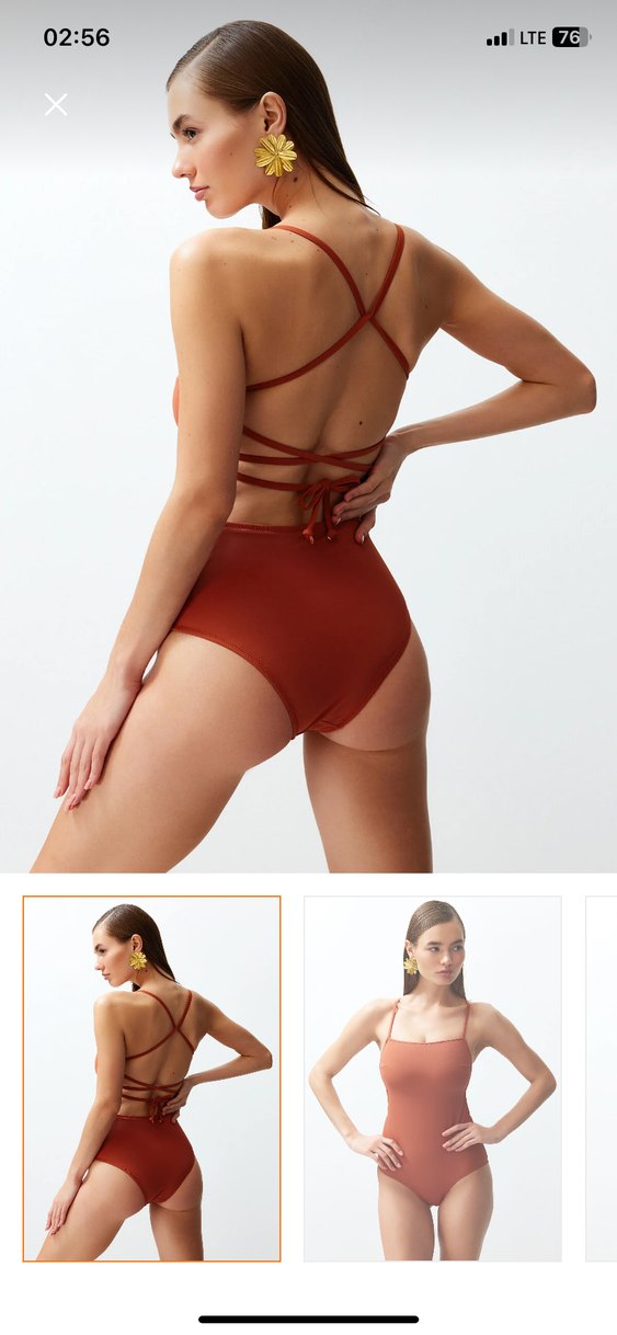 Kiremit kare yaka İnce Askılı sırt dekolteli Kadın regular  Mayo - Görsel 4