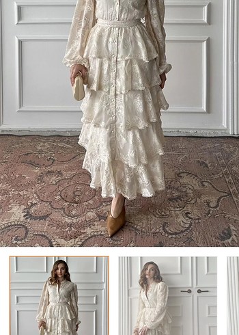 Uzun Beyaz Fırfırlı Bohem Elbise - Görsel 3