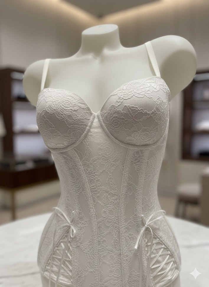 Beyaz Dantelli İp Detaylı Korse Büstiyer - Görsel 3