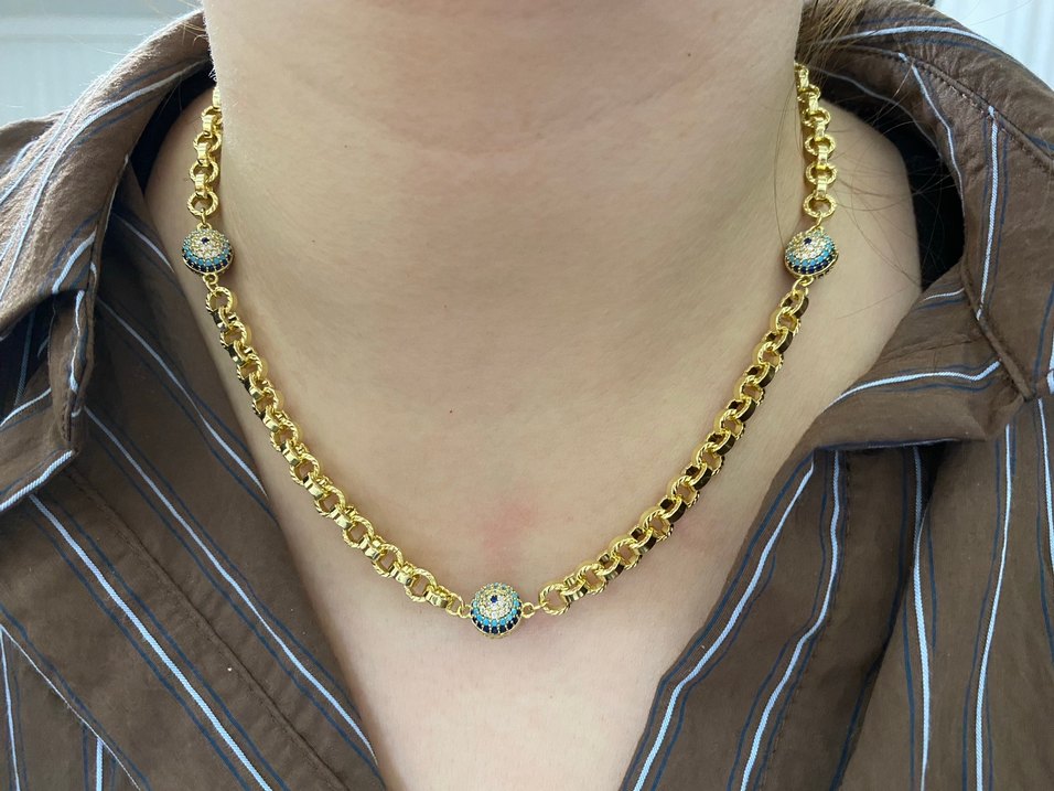 3 Nazarlı 14K Zirkon taş kolye - Görsel 2