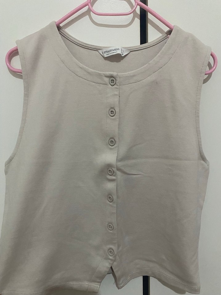 Stradivarius Düğmeli Bej Kolsuz Kadın Yelek - Görsel 3