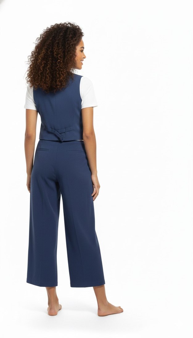 Kadın Mavi Kemerli Pamuklu Kumaş Takım - Görsel 2