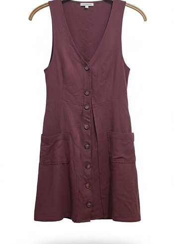 Bordo Düğmeli V Yaka Midi Elbise - Görsel 2