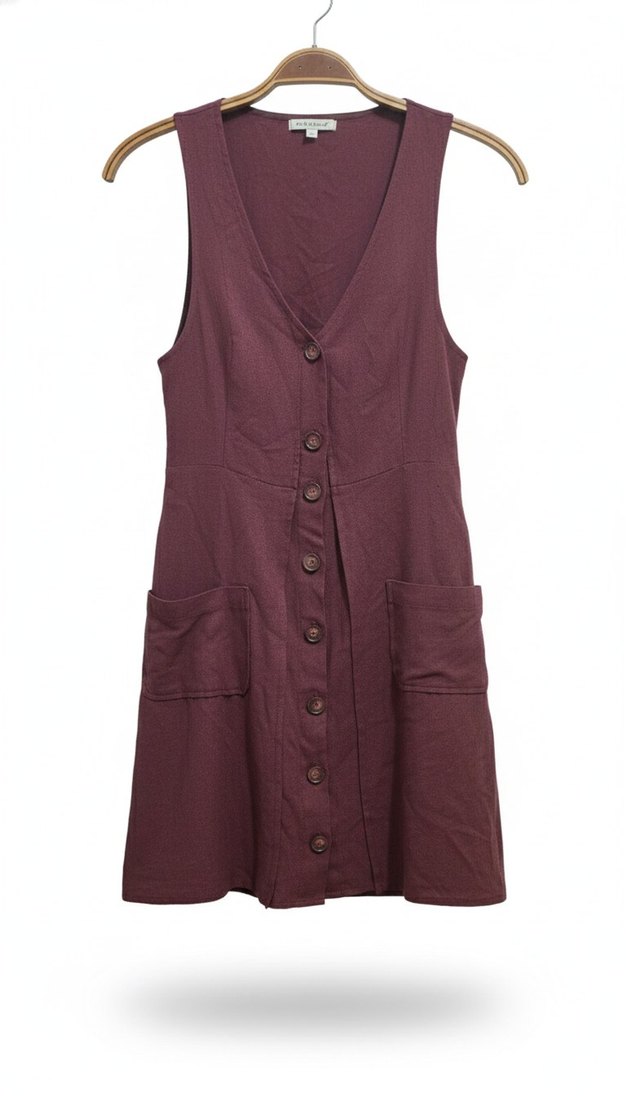 Bordo Düğmeli V Yaka Midi Elbise - Görsel 2