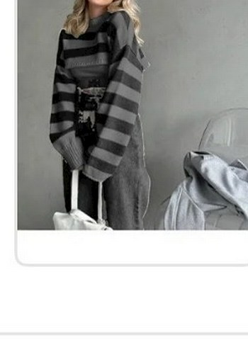 Gri Çizgili Kadın Triko Kazak - Görsel 2