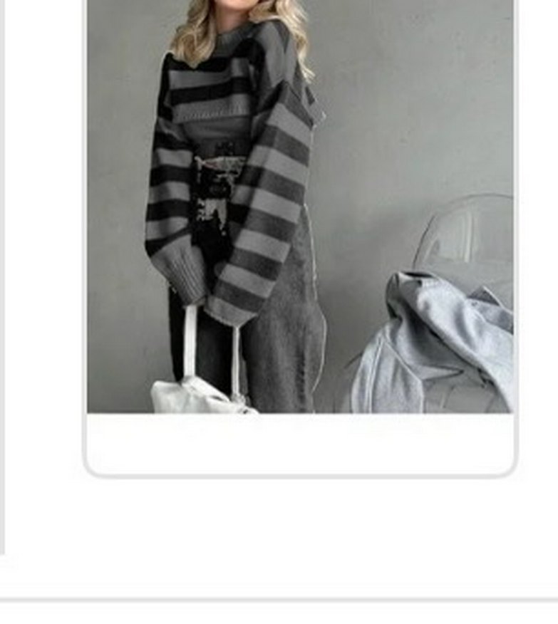 Gri Çizgili Kadın Triko Kazak - Görsel 2