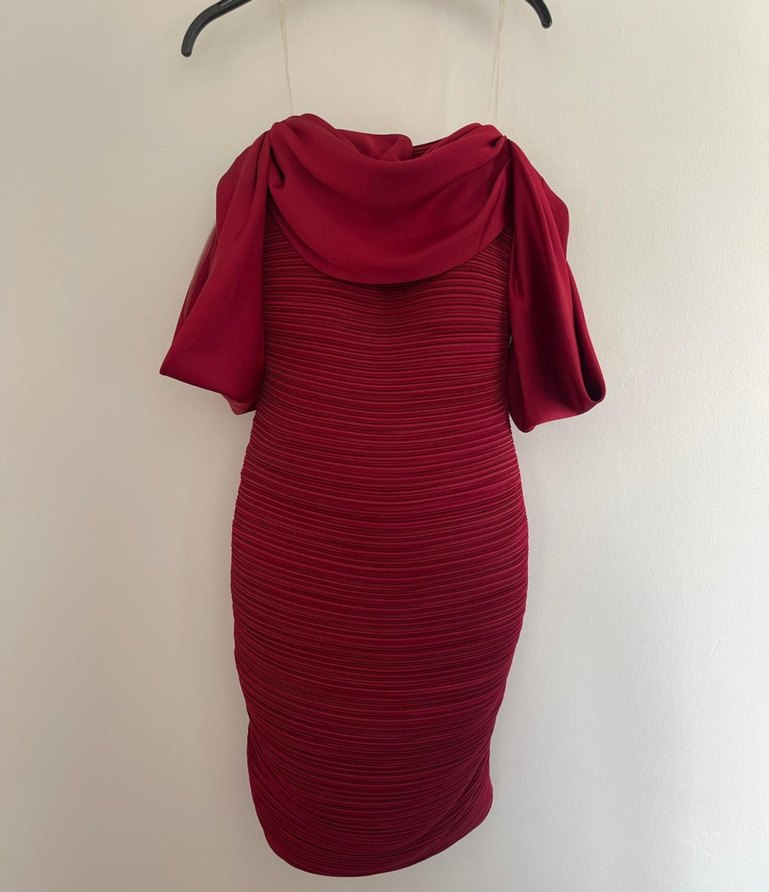 Bordo Drapeli Straplez Mini Elbise - Görsel 2