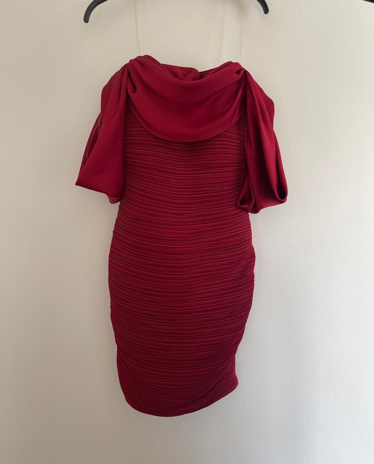 Bordo Drapeli Straplez Mini Elbise - Görsel 3