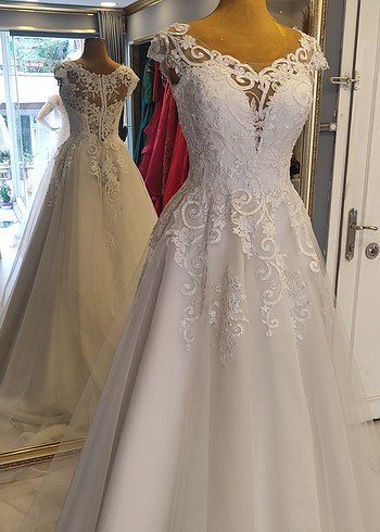 Dantel Detaylı Kayık Yakalı  inci Beyaz  Helenistik Gelinlik - Görsel 7