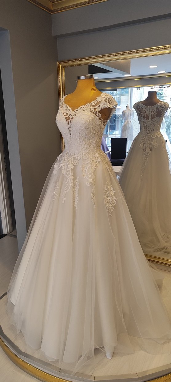 Dantel Detaylı Kayık Yakalı  inci Beyaz  Helenistik Gelinlik - Görsel 2