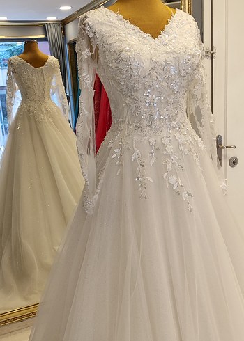 Uzun Kollu V Yaka Prenses Gelinlik - Görsel 6