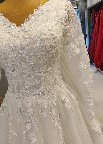 Uzun Kollu V Yaka Prenses Gelinlik - Görsel 2