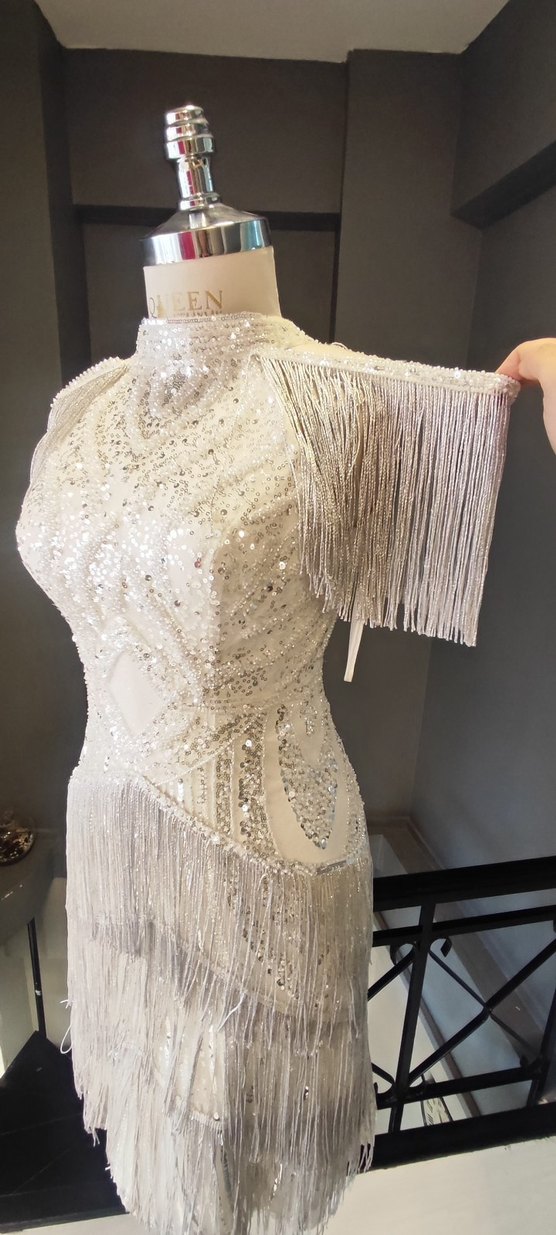 Boncuk İşlemeli Kolsuz Mini Abiye Elbise - Görsel 4