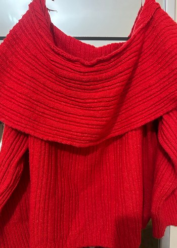 Kadın Kırmızı Triko Kayık Yaka Kazak - Görsel 3