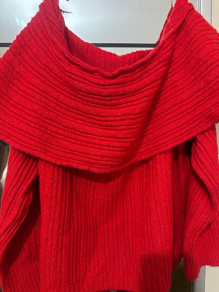 Kadın Kırmızı Triko Kayık Yaka Kazak - Görsel 3