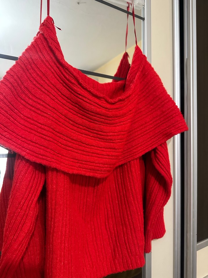 Kadın Kırmızı Triko Kayık Yaka Kazak - Görsel 2