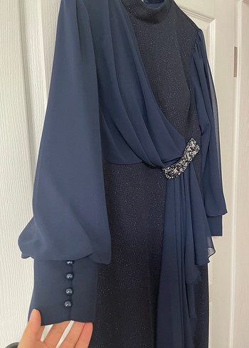 Lacivert Uzun Kollu Drapeli Abiye Elbise - Görsel 2