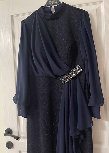 Lacivert Uzun Kollu Drapeli Abiye Elbise - Görsel 3