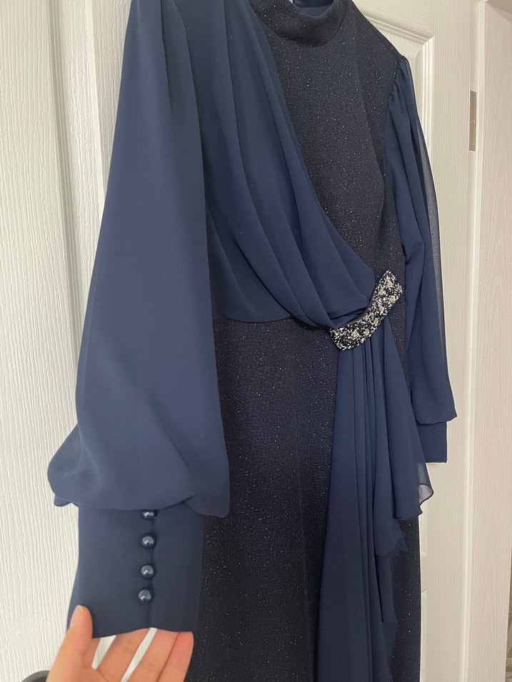 Lacivert Uzun Kollu Drapeli Abiye Elbise - Görsel 2
