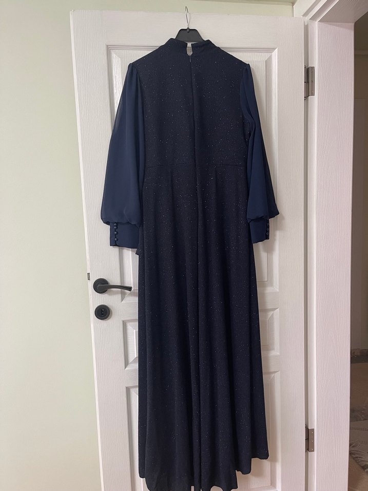 Lacivert Uzun Kollu Drapeli Abiye Elbise - Görsel 5