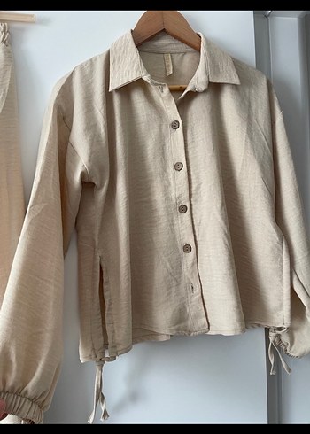 Bej Düğmeli Uzun Keten Etek ve Gömlek - Görsel 2