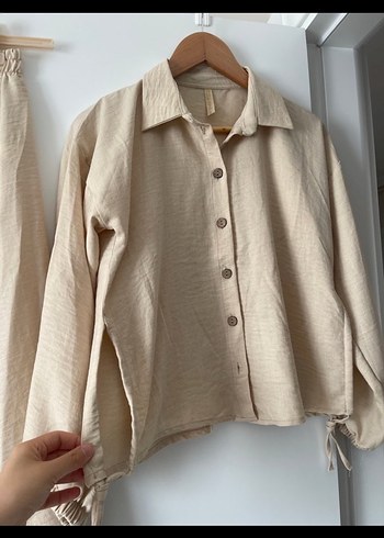 Bej Düğmeli Uzun Keten Etek ve Gömlek - Görsel 3