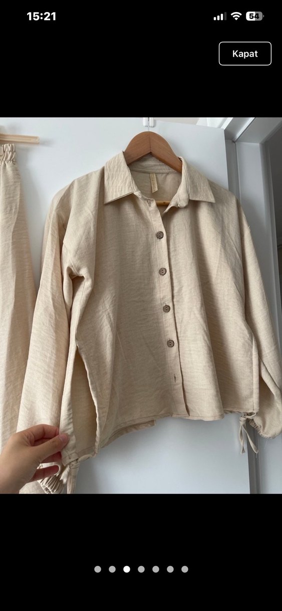 Bej Düğmeli Uzun Keten Etek ve Gömlek - Görsel 3