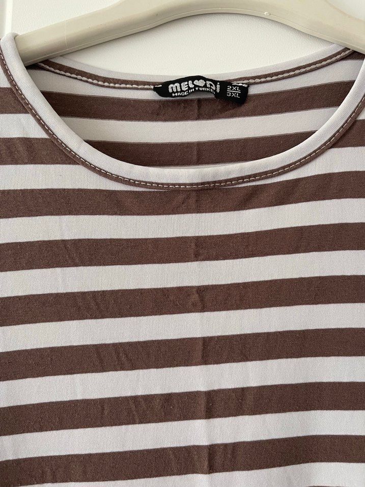 Uzun Kollu Kahverengi Çizgili Elbise - Görsel 3