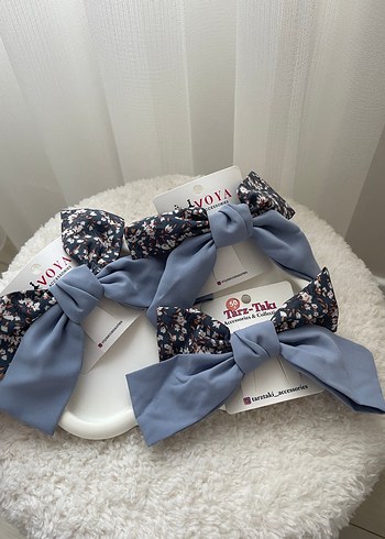 Mavi ve Çiçekli Fiyonk Saç Aksesuarları - Görsel 3