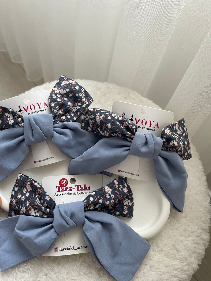 Mavi ve Çiçekli Fiyonk Saç Aksesuarları - Görsel 2
