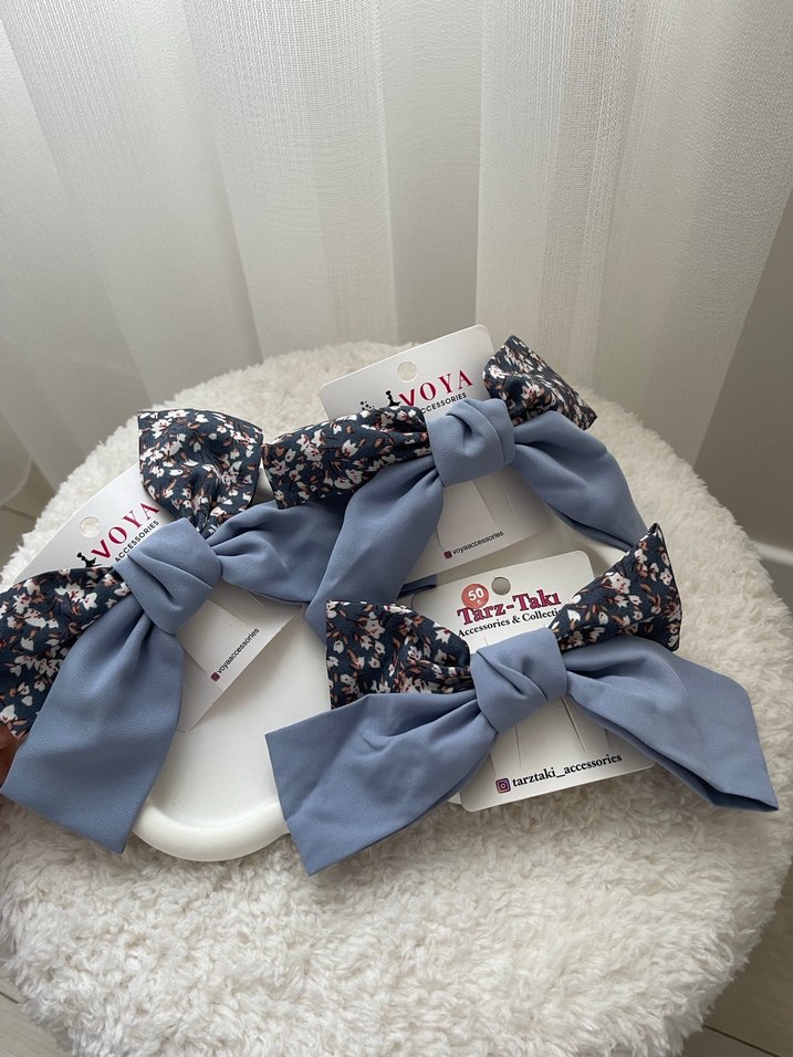 Mavi ve Çiçekli Fiyonk Saç Aksesuarları - Görsel 3