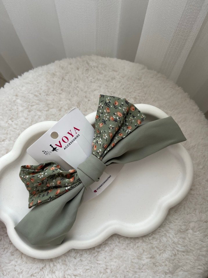 Gri Bohem Çiçek Desenli Fiyonk Saç Aksesuarı - Görsel 2