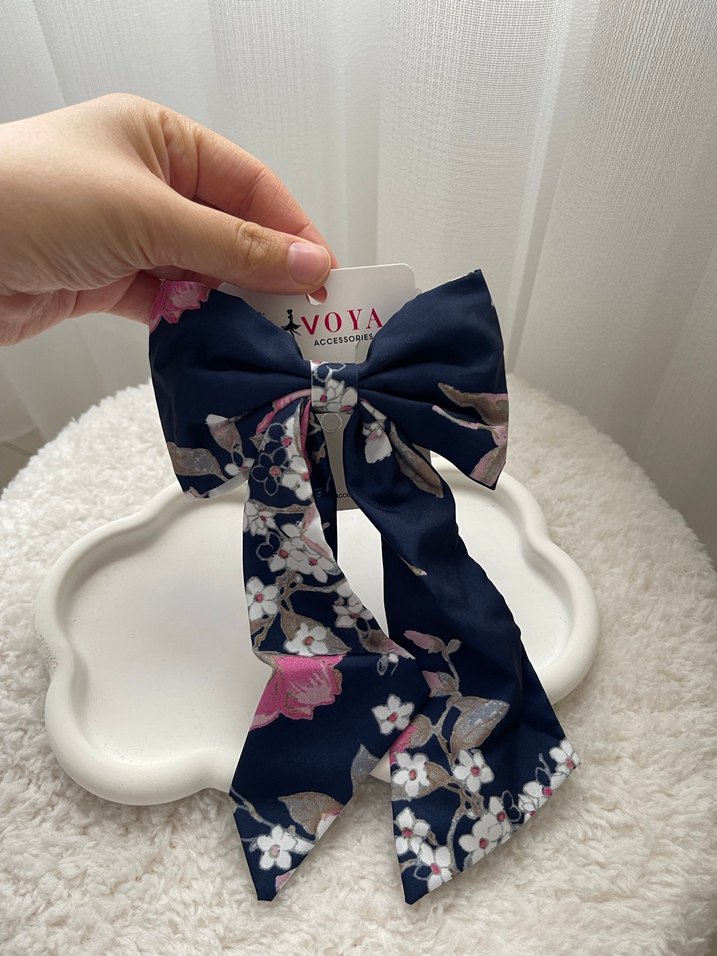 Bohem Koyu Mavi Çiçekli Fiyonk Saç Aksesuarı - Görsel 2