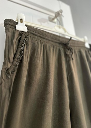 Kadın Keten Haki Bol Kesim Kemerli Pantolon - Görsel 2