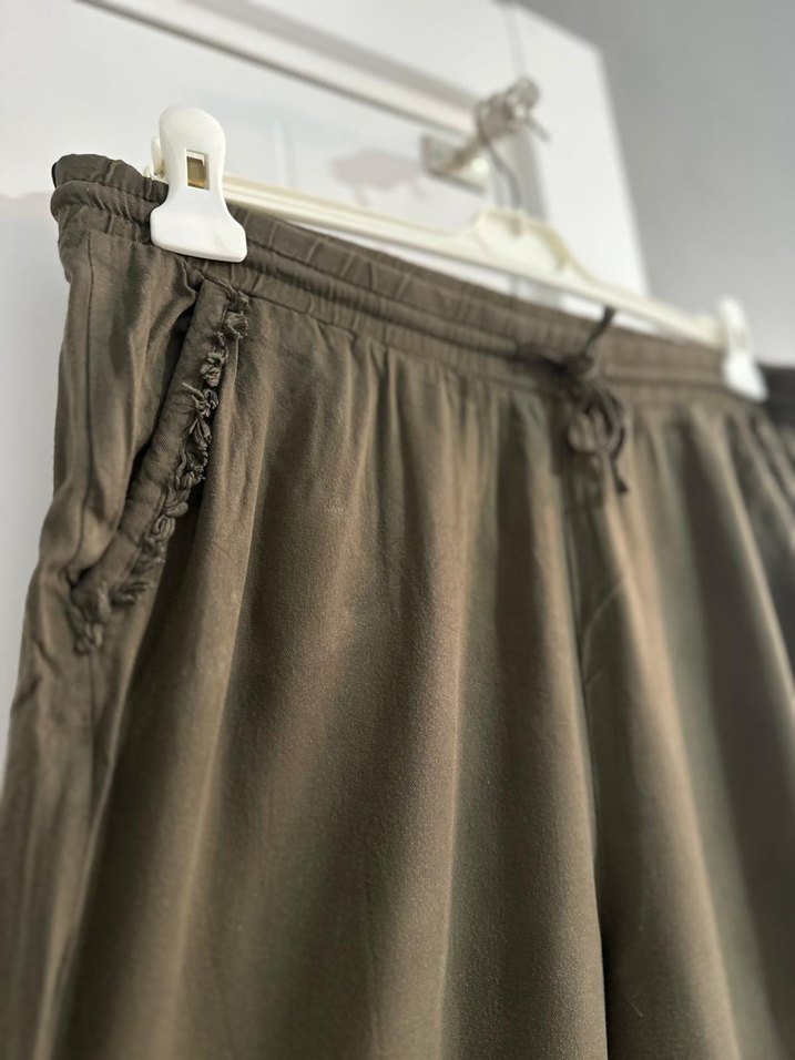 Kadın Keten Haki Bol Kesim Kemerli Pantolon - Görsel 2