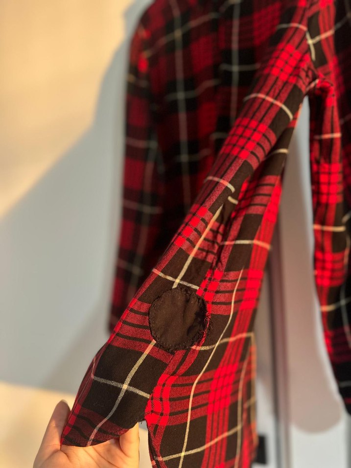 Kırmızı Ekose Düğmeli Kadın Gömlek - Görsel 5