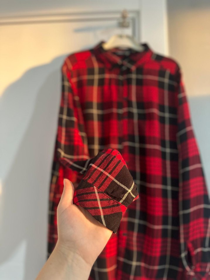 Kırmızı Ekose Düğmeli Kadın Gömlek - Görsel 4