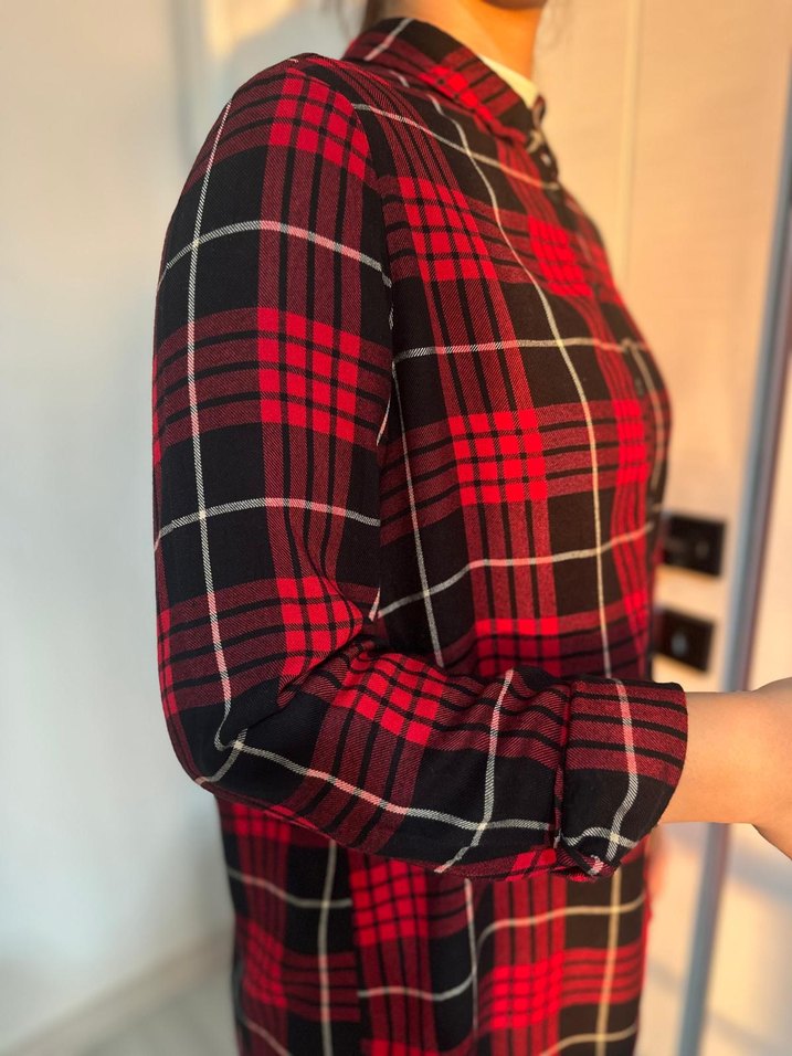 Kırmızı Ekose Düğmeli Kadın Gömlek - Görsel 2