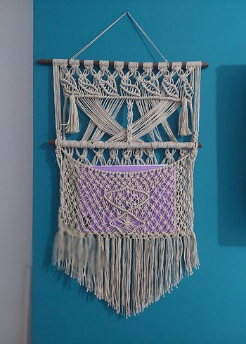 Renkli Çiçekli Beyaz Makrome Duvar Süsü - Görsel 2