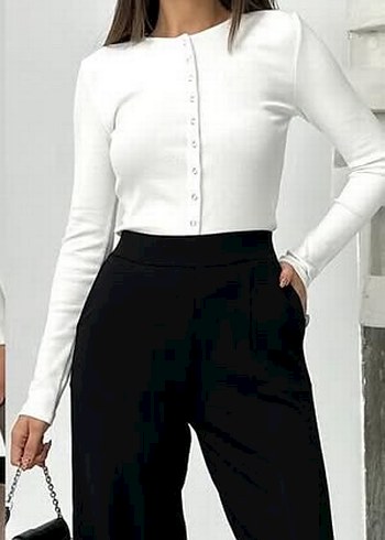 Siyah Wide leg pamuklu pantolon - Görsel 3