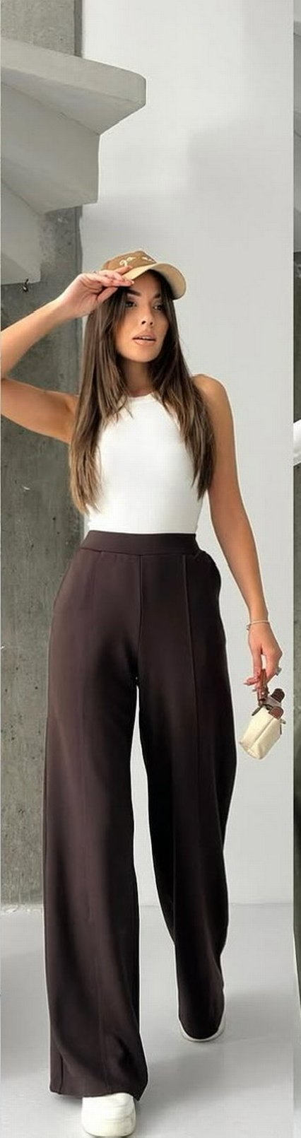 Kadın Kahverengi Wide leg pamuklu pantolon - Görsel 3