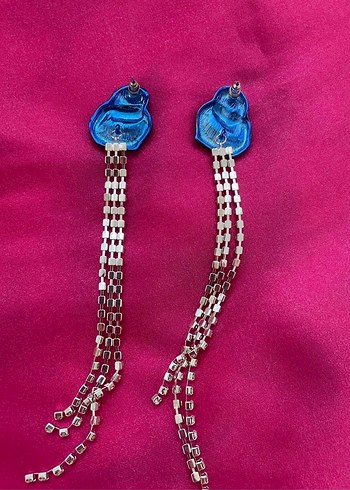 Parlak Mavi Zincir Detaylı Midi Küpe - Görsel 6