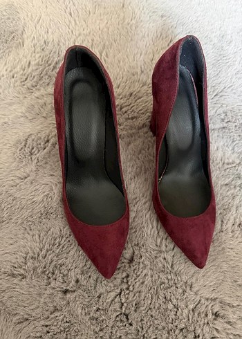 Bordo Süet Kürklü Dolgu Topuk Stiletto - Görsel 4