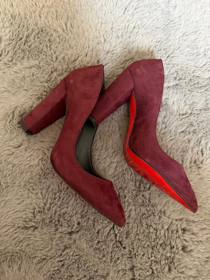 Bordo Süet Kürklü Dolgu Topuk Stiletto - Görsel 3