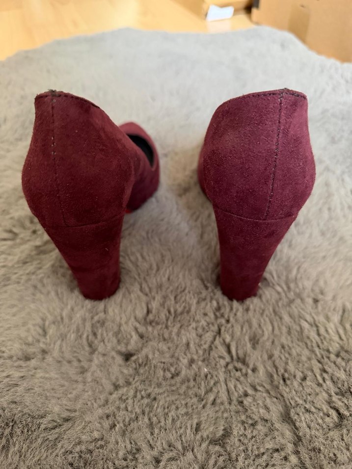 Bordo Süet Kürklü Dolgu Topuk Stiletto - Görsel 2