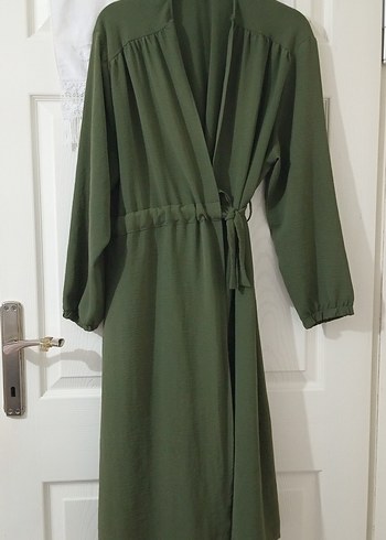 Kadın Salaş Uzun Kollu Haki Uzun Tesettür Yazlık İpli Ceket - Görsel 2