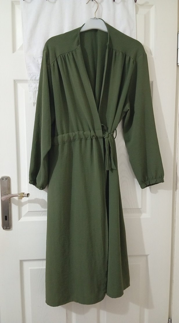 Kadın Salaş Uzun Kollu Haki Uzun Tesettür Yazlık İpli Ceket - Görsel 2